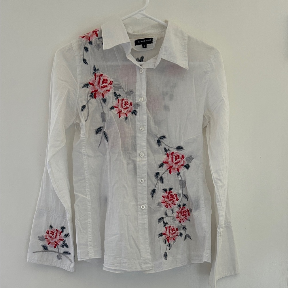 Elegant White Button-Down Shirt with Red Floral Embroidery